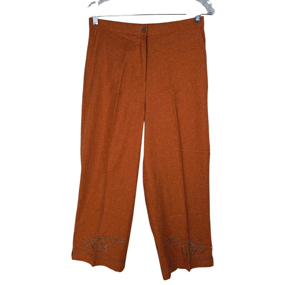 Bechamel Cropped Pants Womens Size 12 Orange Tone Linen Blend Embroidered‎ Hem